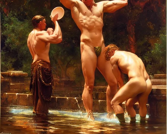 Prompt: muscular magician man, casting water magic. highly detailed glossy matte oil painting by gaston bussiere, craig mullins, j. c. leyendecker, tom of finland