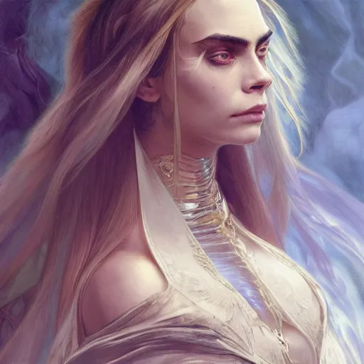 Image similar to Cara Delevigne, physically accurate, dynamic lighting, intricate, elegant, highly detailed, digital painting, artstation, HR GIGER, Hieronymus Bosch, Francis Bacon, concept art, smooth, sharp focus, illustration, art by artgerm and greg rutkowski and alphonse mucha