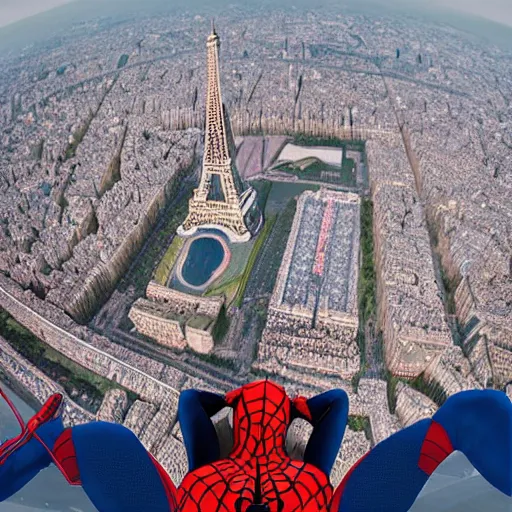 Image similar to two - point perspective landscape of spider man sitting on top of the eiffel tower