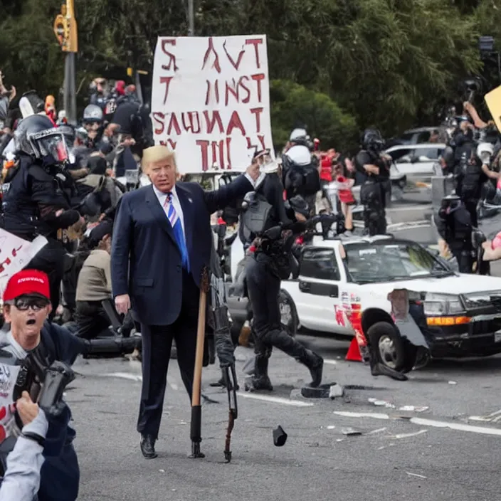 Image similar to a photo of donald trump with a shotgun in a protest