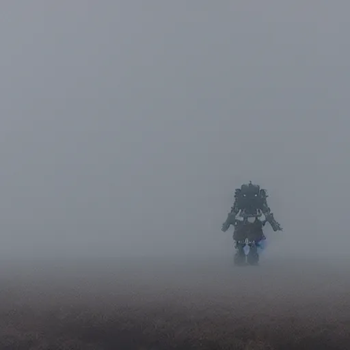 Image similar to gigantic mecha walking, dense fog, jakob rozalski