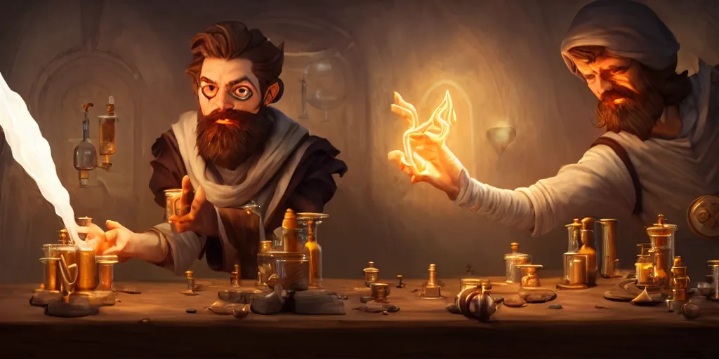 Image similar to a handsome bearded white male sorcerer with brown hair he is casting a spell, he is in a alchemist workshop filled with beakers and equipment, neutral pose, sharp focus, waist up, epic composition, 4 k, by rudy siswanto and anna podedworna