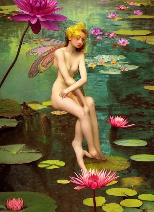 Image similar to portrait of a beautiful fairy, by a waterlily pond, coherent design, symmetrical, vivid color, complementary color, golden ratio, detailed, sharp lines, intricate, rainbowshift, by maxfield parrish, by peter mohrbacher, by karol bak, by alphonse mucha, deviantart, octane render