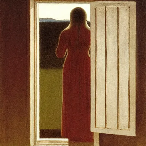 Prompt: Liminal interior seen through an exterior bloody window with a girl clawing at the window, in the style of Edward Hooper and Vilhelm Hammershøi and Albert Bierstadt