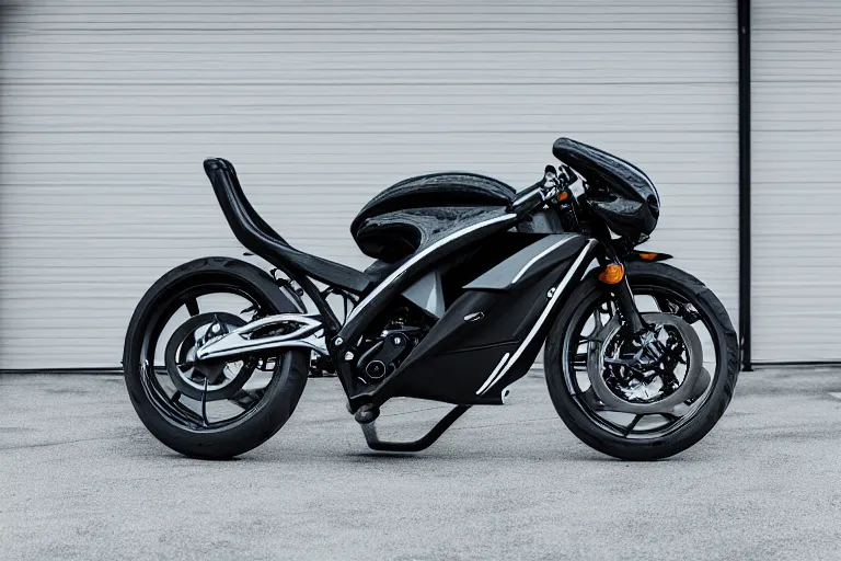 Image similar to A professional garage photograph of a futuristic super bike made of a slick metallic substance.