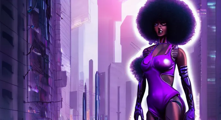 Image similar to cyberpunk black woman with afro hair, rio de janeiro!! on the background, blue and purple digital art trending on artstation, atmospheric lighting, artgerm