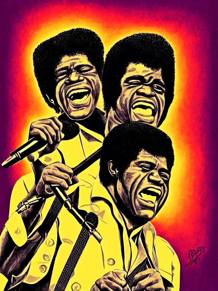 Prompt: illustration of james brown, james brown 7 0 ’ s concert poster, very fine detail, highly detailed, colored illustration, “ superbad ”,