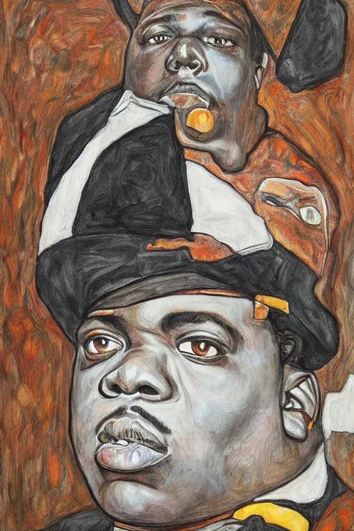 Prompt: a portrait of biggie smalls in style of egon schiele, notorious b. i. g., masterpiece, hyperdetailed, complex, intricate, old school photo, 4 k, trending on artstation