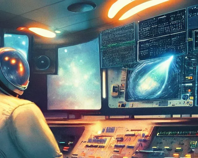 Prompt: an astronaut in a recording studio, looking at a glowing computer screen, using roland tr - 8 0 8, zero - gravity, [ everything is floating ]!!!, illustrated by greg rutkowski, [ digital art, synthwave art style ]!!