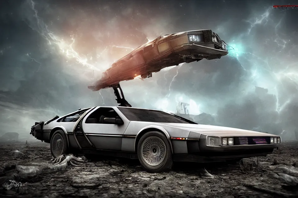 Image similar to delorean dmc 5 next to ancient space ship wreck horror, dark cinematic, volumetric, realistic, 3 d render, realistic render, cinematic lighting, volumetric lighting, atmospheric, cinematic, unreal engine, unreal engine render, octane render, hd, photorealism, hyper realistic, photo, 8 k