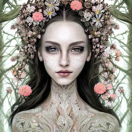 Prompt: a picture of a beautiful woman with a symmetrical detailed face, dressed in a white lace dress and covered in flowers and leaves sitting in an enchanted forest, sunset, high fantasy, elegant, epic, detailed, intricate, digital painting, concept art, realistic detailed face, smooth, focus,