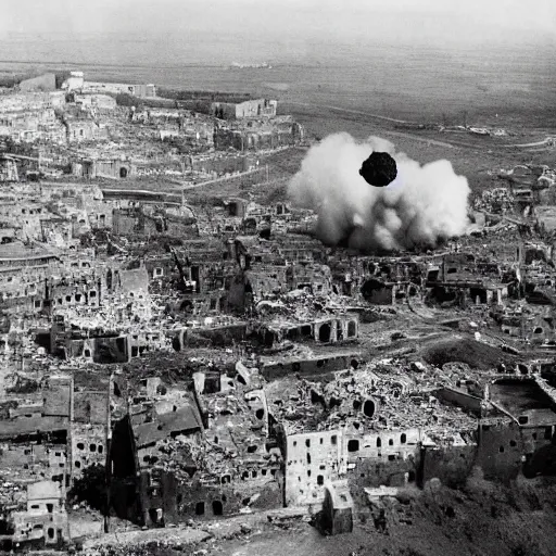 Image similar to an aerial photo of bombed italy, with bomb falling down, explosion, ruins, fire,