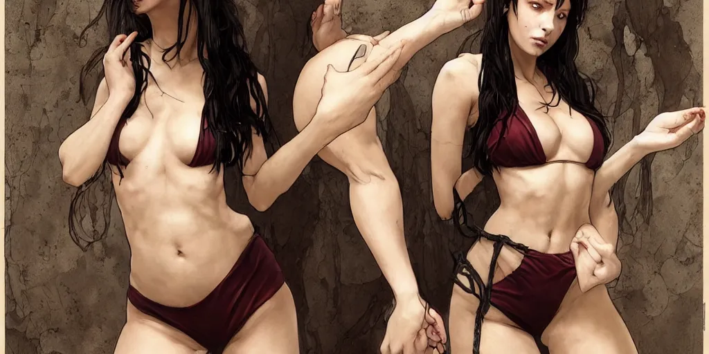 Image similar to dark-haired beauty in bikini styles Eveline from Resident evil 7, highly detailed, digital painting, artstation, concept art, smooth, sharp focus, illustration, ArtStation, art by artgerm and greg rutkowski and alphonse mucha and J. C. Leyendecker and Edmund Blair Leighton and Katsuhiro Otomo and Geof Darrow and Phil hale and Ashley wood and Ilya repin and Charlie Bowater