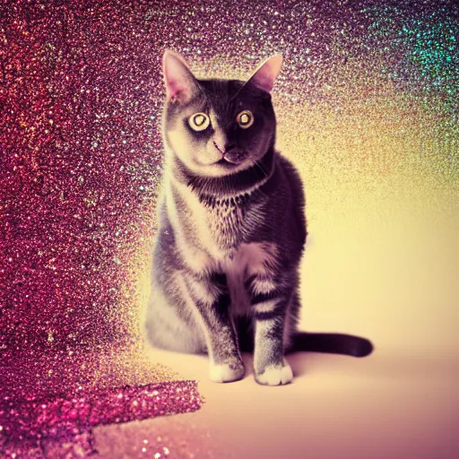 Prompt: a photo of a cat in a cloud of falling glitter, duochrome,, f 1. 4