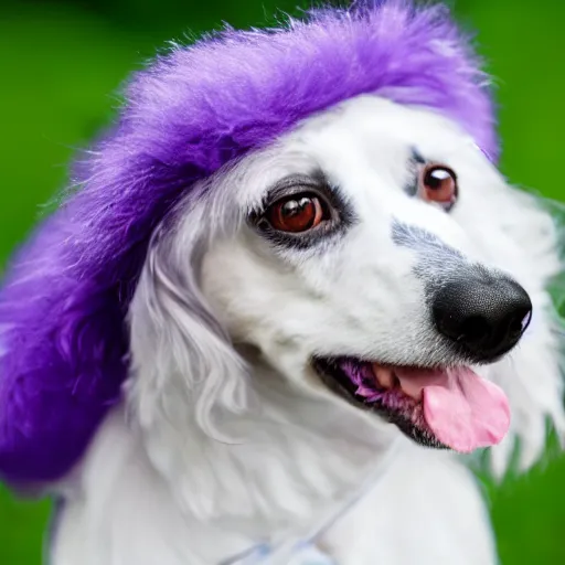 Prompt: a purple dog wearing a white top hat