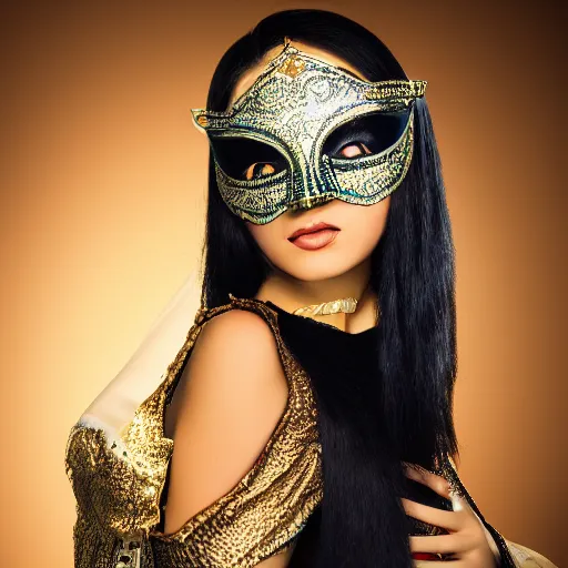 Prompt: fantasy arabian woman with mask, portrait photo, studio light, hdr, commercial shot