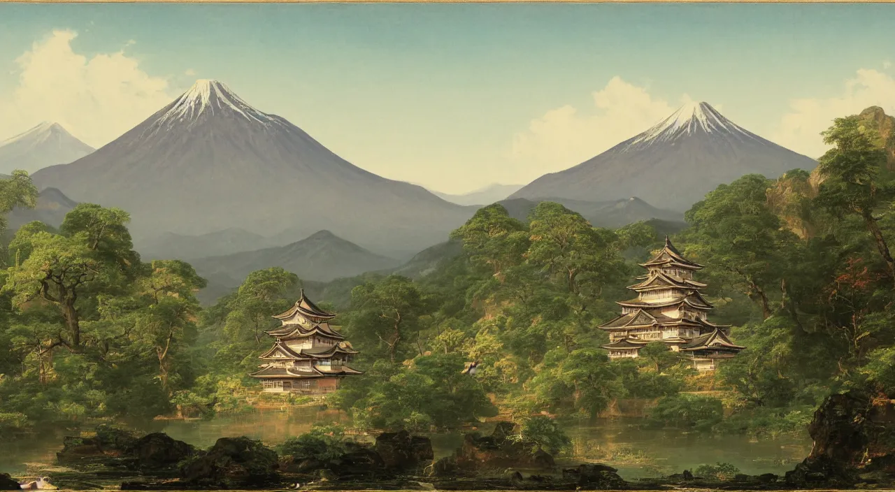 Image similar to a Japanese castle, with a garden as foreground, with mountains as background, by Thomas Cole