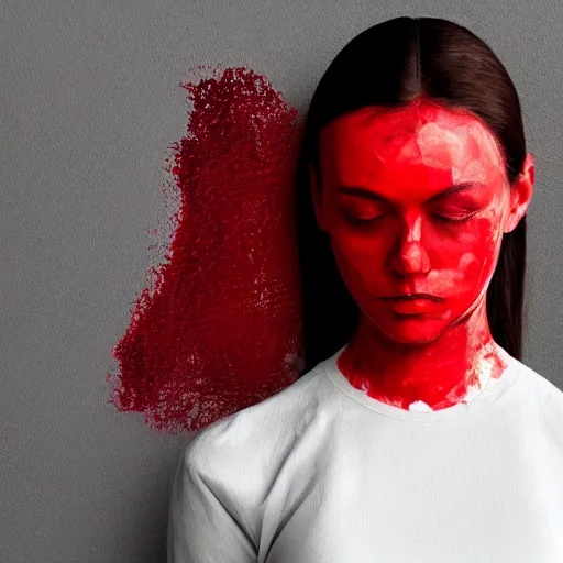 Prompt: dripping red paint across the shape of a female human, realistic , high detail, on a white background