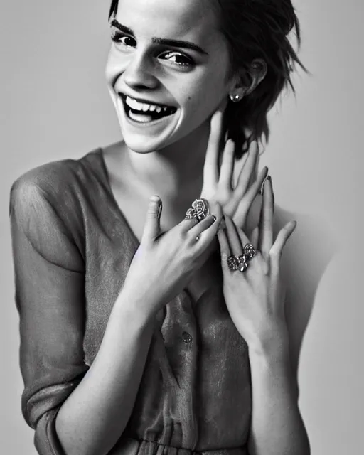 Image similar to A photo of laugh emma watson. she has wedding ring on his fingers. 50 mm. perfect ring. award winning photography