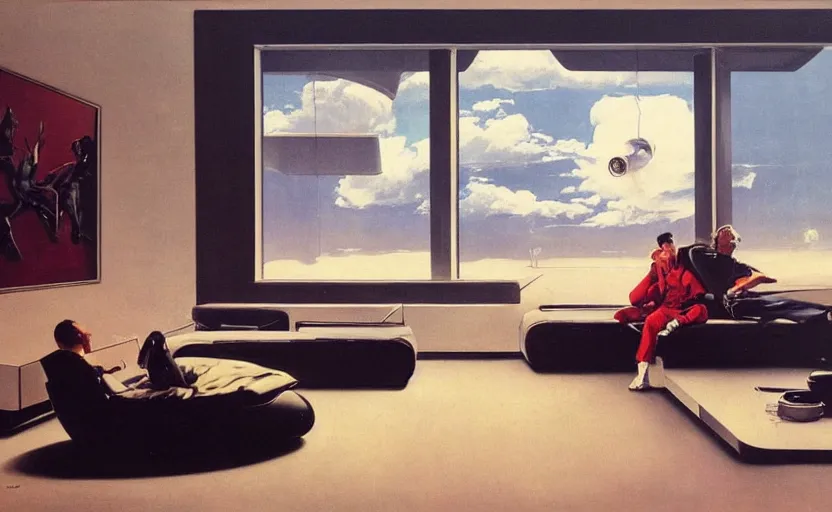 Image similar to a futuristic minimalist lounge room with a big window opening up to a wide open meadow with billowing clouds in the sky. highly detailed science fiction painting by norman rockwell, frank frazetta, and syd mead. rich colors, high contrast, gloomy atmosphere. trending on artstation.