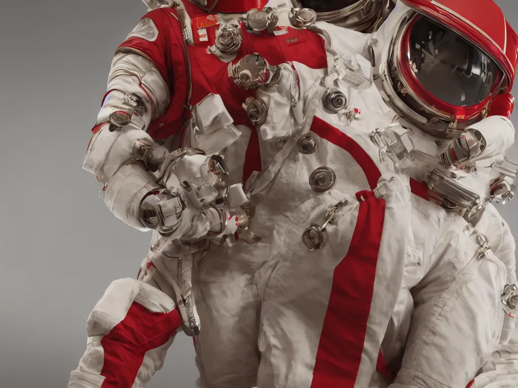 Image similar to ornate red bone in astronaut suit, gold linens, cinematic lighting, dramatic, octane render, long lens, shallow depth of field, bokeh, anamorphic lens flare, 8k, hyper detailed, 35mm film grain