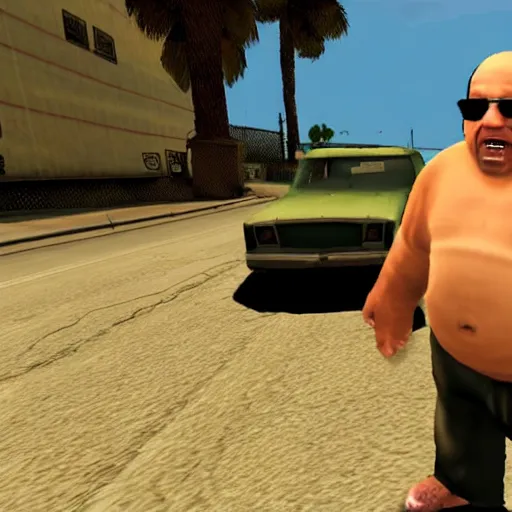 Prompt: danny devito in gta san andreas, ps2 screenshot