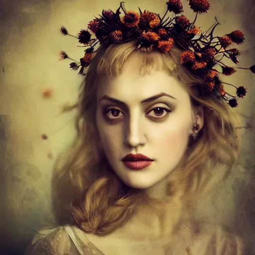 Prompt: fine art photo of the beauty goddess meryem uzerli, she has a crown of dried flowers, by oleg oprisco