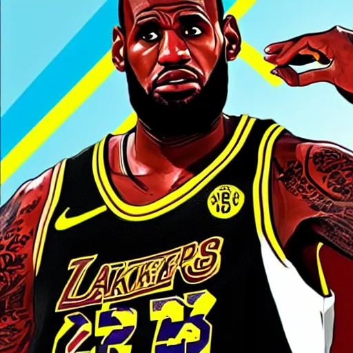 Image similar to lebron james as gta v cover art, sharp details, sharp focus