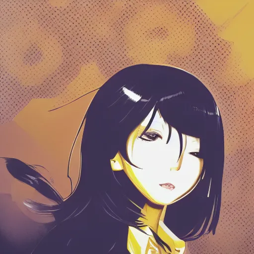 Image similar to Frequency indie album cover, luxury advertisement, yellow filter. Clean and detailed post-cyberpunk sci-fi close-up schoolgirl in asian city in style of cytus and deemo, blue flame, relaxing, calm and mysterious vibes, by Tsutomu Nihei, by Yoshitoshi ABe, by Ilya Kuvshinov, by Greg Tocchini, nier:automata, set in half-life 2, Matrix, GITS, Blade Runner, Neotokyo Source, Syndicate(2012), dynamic composition, beautiful with eerie vibes, very inspirational, very stylish, with gradients, surrealistic, dystopia, postapocalyptic vibes, depth of field, mist, rich cinematic atmosphere, perfect digital art, mystical journey in strange world, beautiful dramatic dark moody tones and studio lighting, shadows, bastion game, arthouse