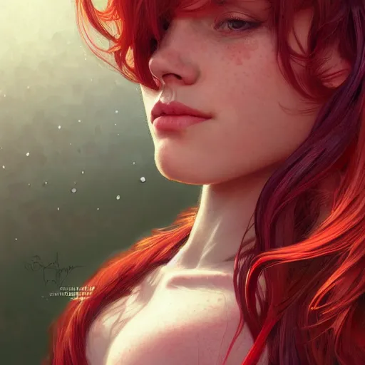 Image similar to close up portrait of a beautiful girl with red hair and freckles, happy intricate, elegant. highly detailed, digital painting, artstation, concept art, smooth, sharp, focus, illustration. background is purple, art by artgerm and greg rutkowski and alphonse mucha,