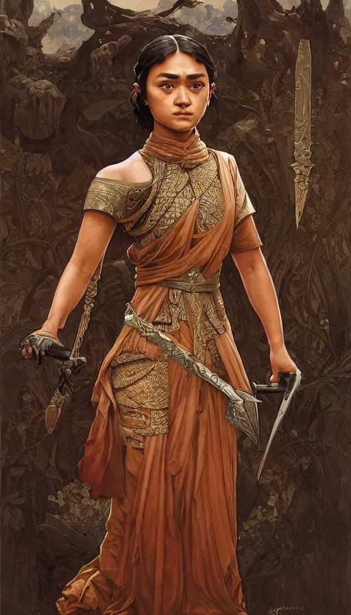 Prompt: ancient javanese arya stark, highly detailed, digital painting, artstation, concept art, smooth, sharp focus, illustration, ArtStation, art by artgerm and greg rutkowski and alphonse mucha and J. C. Leyendecker and Edmund Blair Leighton and Katsuhiro Otomo and Geof Darrow and Phil hale and Ashley wood and Ilya repin and Charlie Bowater