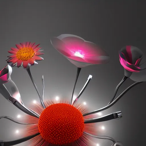 Image similar to a robotic flower, 8 k, photorealistic, photograph, award winning, gloden hour, volumetric light