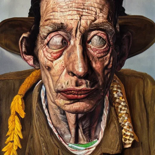 Image similar to high quality high detail painting by lucian freud, hd, portrait of a witch doctor