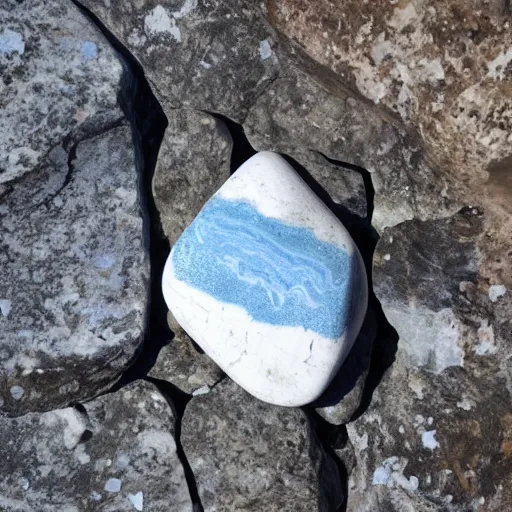 Prompt: a rock with with bluecrystlas and backcrytals and white crystals and marble