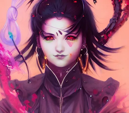 Prompt: a Demon Slayer FAN art portrait of grown up Mitsuri Kanroji ,by Stanely Artgerm,Tom Bagshaw,arthur adams,Carne Griffiths,trending on DeviantArt,street art,face enhance,chillwave,maximalist,full of color,glittering