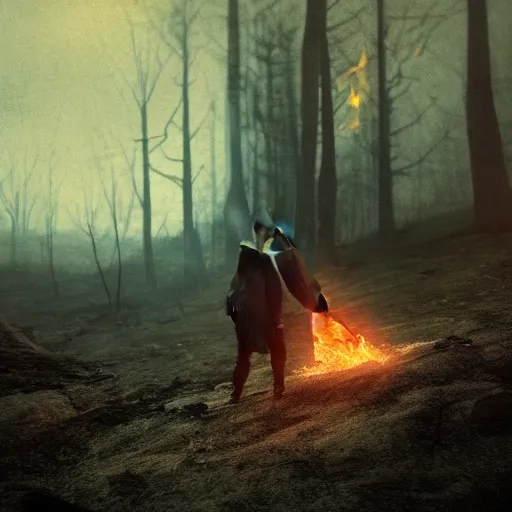 Image similar to the fire in my core heats my heart to the breaking point, twixt horror and despair my lungs catch, but cannot sate. The mind from direction fails, and cannot help but confuse my gait. cinematic movie photograph, cinematic lighting, octane render, by Greg Rutkowski, Gustav Dore, and Edvard Munch.