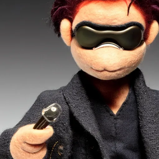 Image similar to neo from the matrix as a muppet. highly detailed felt. hyper real photo. 4 k.