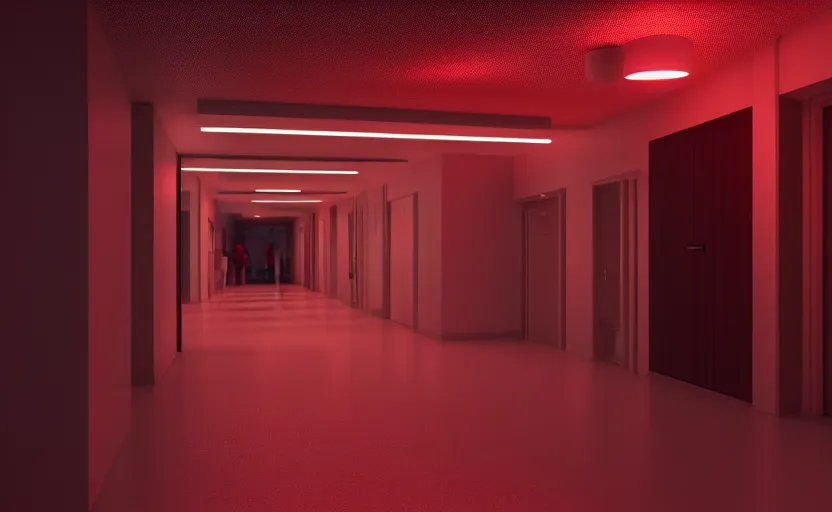 Prompt: an hallway in hospital with red lights in the roof, octane render, artstation trending, highly detailded