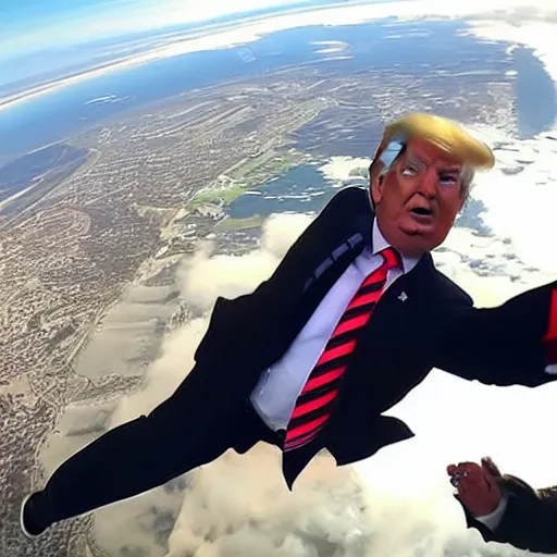 Prompt: photo of donald trump skydiving, hair blowing wildly, gopro camera