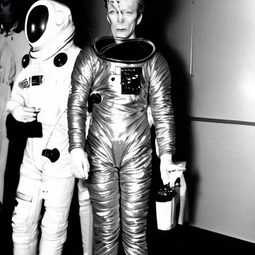 Prompt: David Bowie wearing a spacesuit at a party. Candid photo, flash, 1966, 35mm, by Andy Warhol.