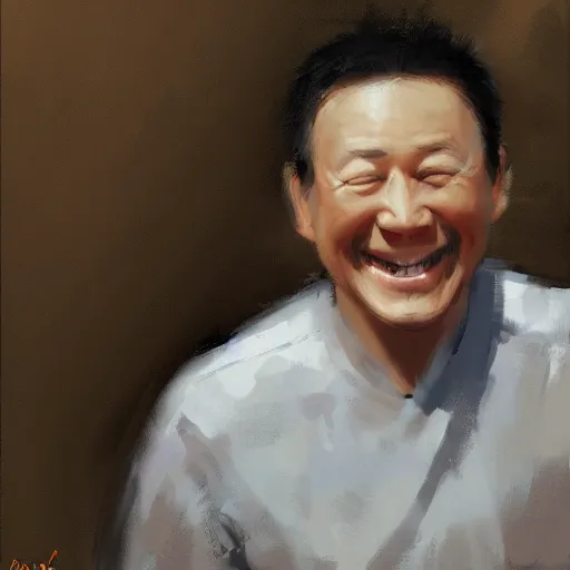 Image similar to a happy asian man, painted by Craig Mullins