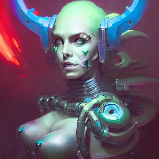 Image similar to a portrait of a beautiful demonic cybernetic grand duchess of hell, cyberpunk concept art by pete mohrbacher and wlop and artgerm and josan gonzales, digital art, highly detailed, intricate, sci-fi, sharp focus, Trending on Artstation HQ, deviantart, unreal engine 5, 4K UHD image