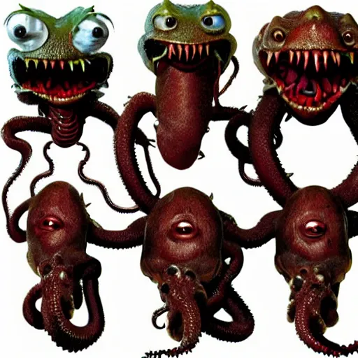 Image similar to Gross animatronic movie-monster from an 80's horror movie, slimy, tentacles emerging from its fang filled mouth, multi-jointed, vile, The Thing style, Rob Bottin style