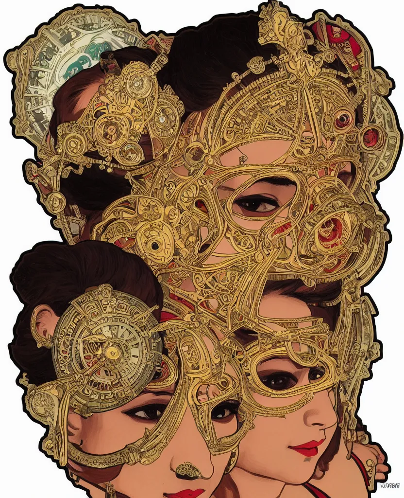 Image similar to face portrait of a kathakali dancer with traditional makeup wearing steampunk goggles, art by alphonse mucha, sticker, one head isolated on white background, one single head, closeup portrait sticker, colorful, illustration, highly detailed, smooth and clean vector curves, no jagged lines, vector art, marvel comics style, artstation, smooth