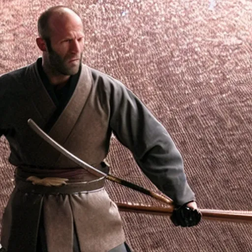 Image similar to an film still of jason statham as samurai, cinematic action