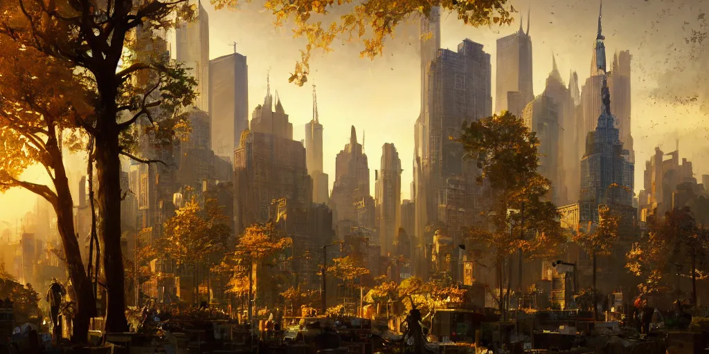 Prompt: a fantasy solarpunk statue of new york city, landscape illustration by greg rutkowski, bright sunlight, golden hour, vivid and colorful trees and plants and flowers on buildings, smooth digital concept art, 4 k, trending on artstation