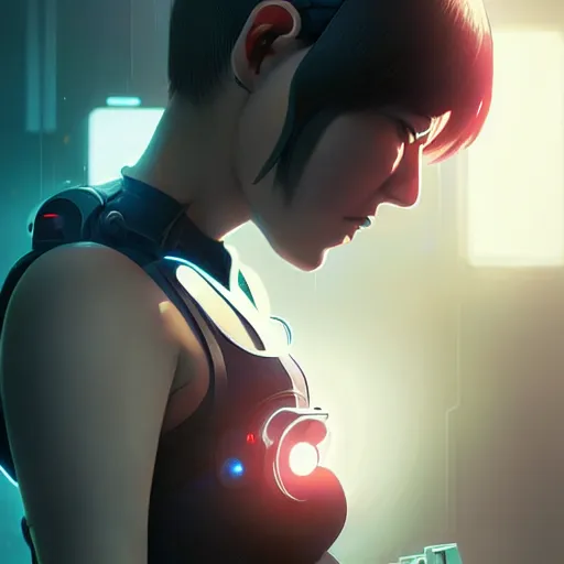 Image similar to realistic render of a cyborg - girl tearing off an arm by ross draws, futuristic dystopian city by ilya kuvshinov, digital anime art by ross tran, extreme intricate details, composition by sana takeda, cinematic lighting by greg rutkowski