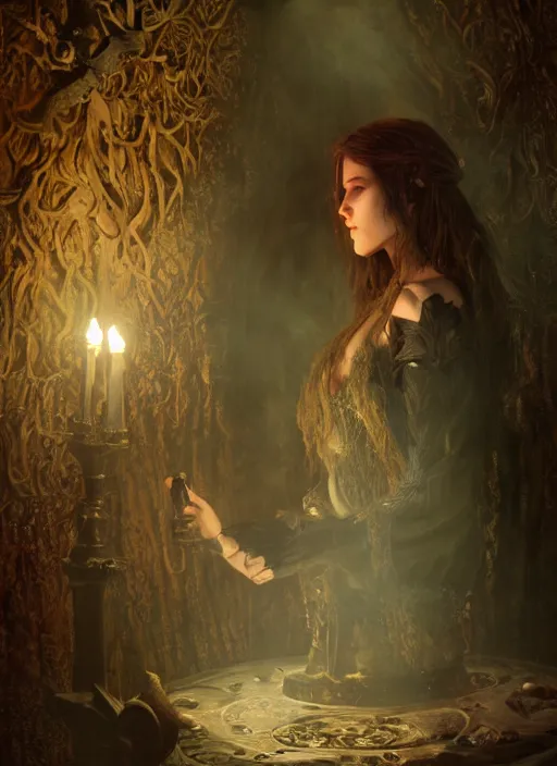 Image similar to inside covens den, diffuse lighting, fantasy epic, hdrp smoke, intricate facial detailing, highly detailed, lifelike, photorealistic, digital painting, artstation, unreal 5, concept art, smooth, sharp focus, art by john collier and albert aublet and krenz cushart and artem demura and alphonse mucha