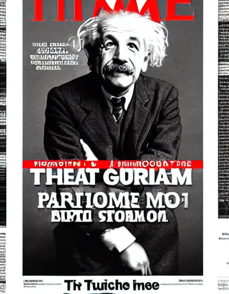 Image similar to cover of TIME magazine with the portrait of Albert Einstein and the mushroom cloud of an atom bomb explosion, nuclear bomb explosion, mushroom cloud