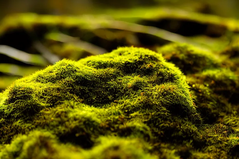 Prompt: macro photograph of moss on the forest floor, bathed in golden light